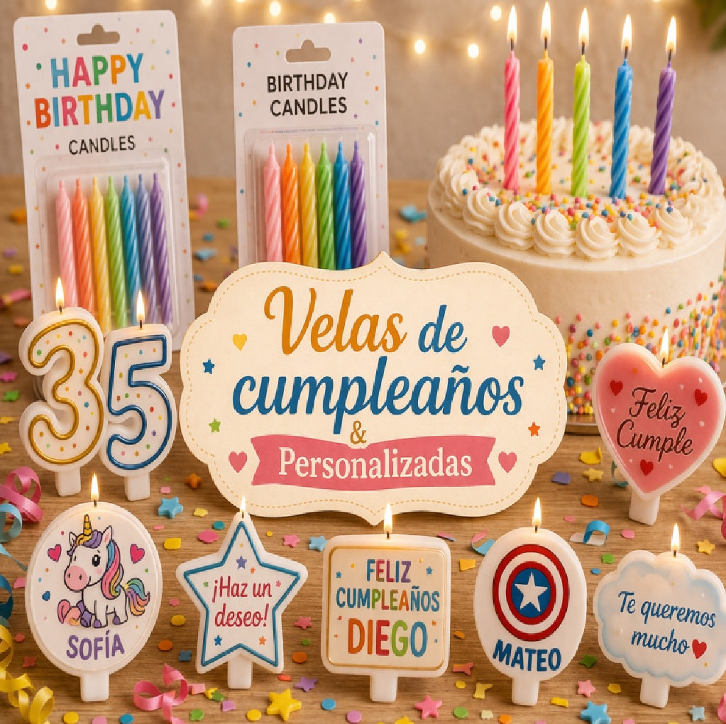 Velas de cumpleaños números y temáticas