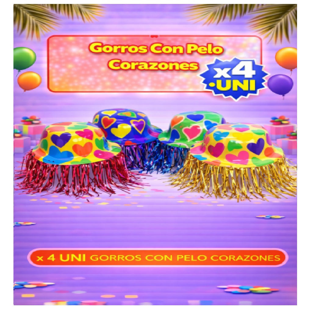 Gorros con Pelo x4 - Sombreros de Fiesta Divertidos