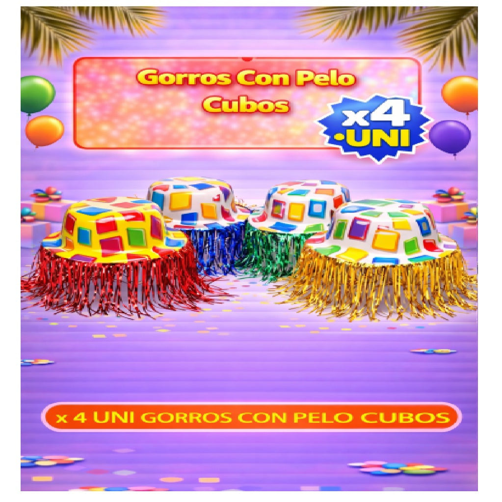 Gorros con Pelo x4 - Sombreros de Fiesta Divertidos