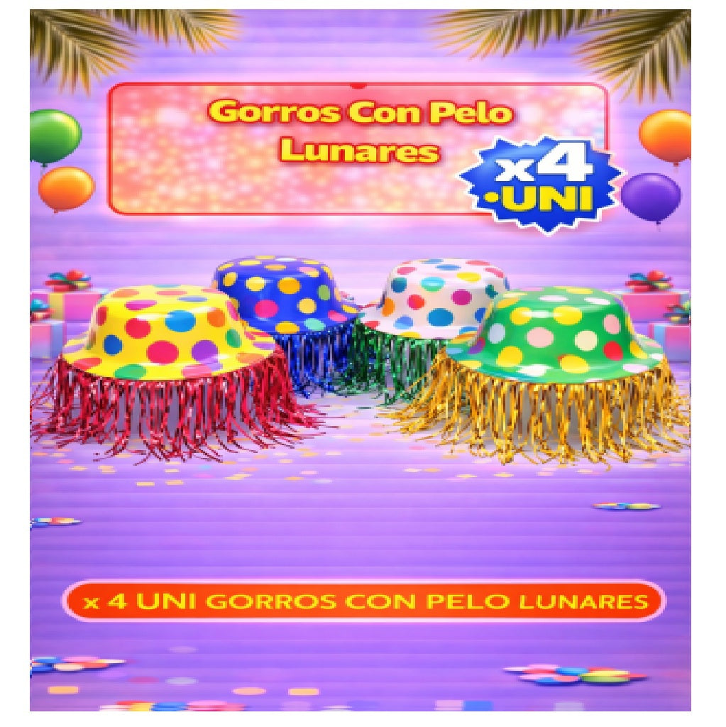 Gorros con Pelo x4 - Sombreros de Fiesta Divertidos