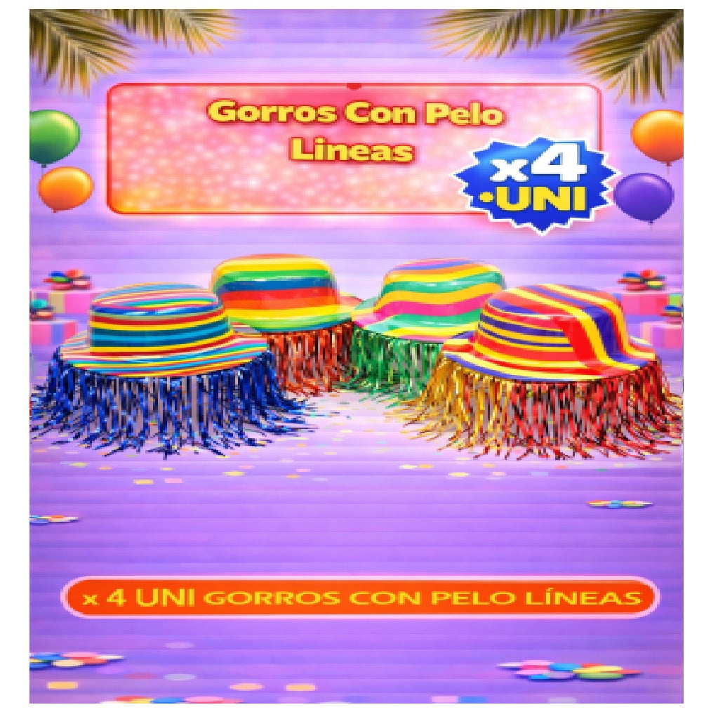 Gorros con Pelo x4 - Sombreros de Fiesta Divertidos