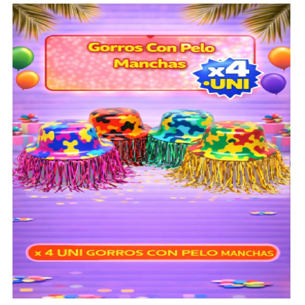 Gorros con Pelo x4 - Sombreros de Fiesta Divertidos