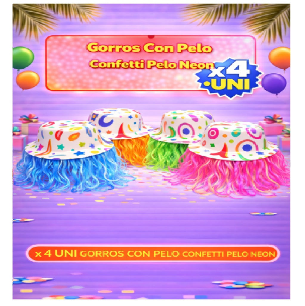 Gorros con Pelo x4 - Sombreros de Fiesta Divertidos