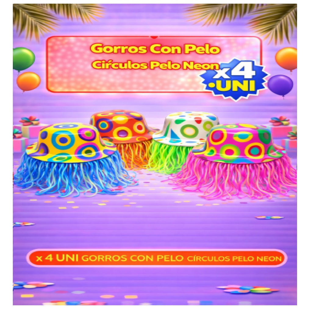 Gorros con Pelo x4 - Sombreros de Fiesta Divertidos