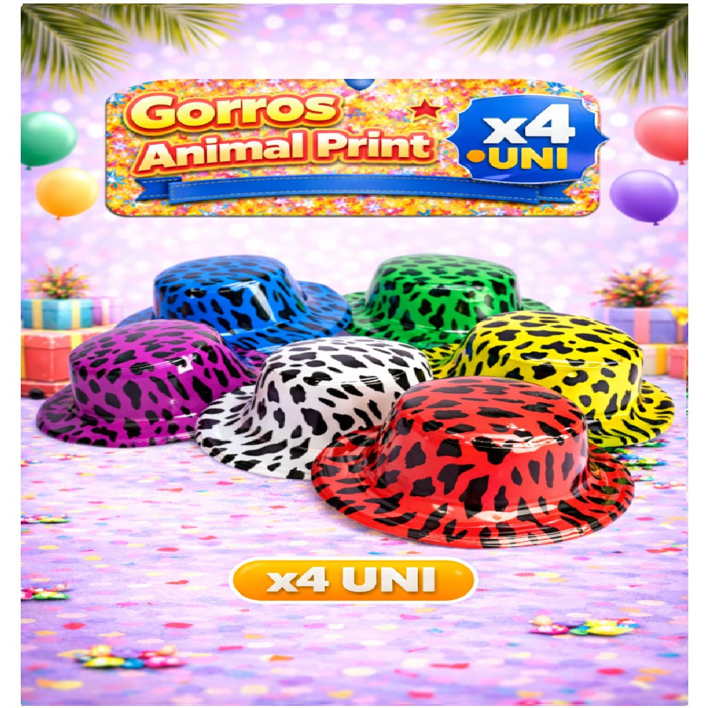 Gorros Animal Print x4 - Sombreros de Fiesta Estampados