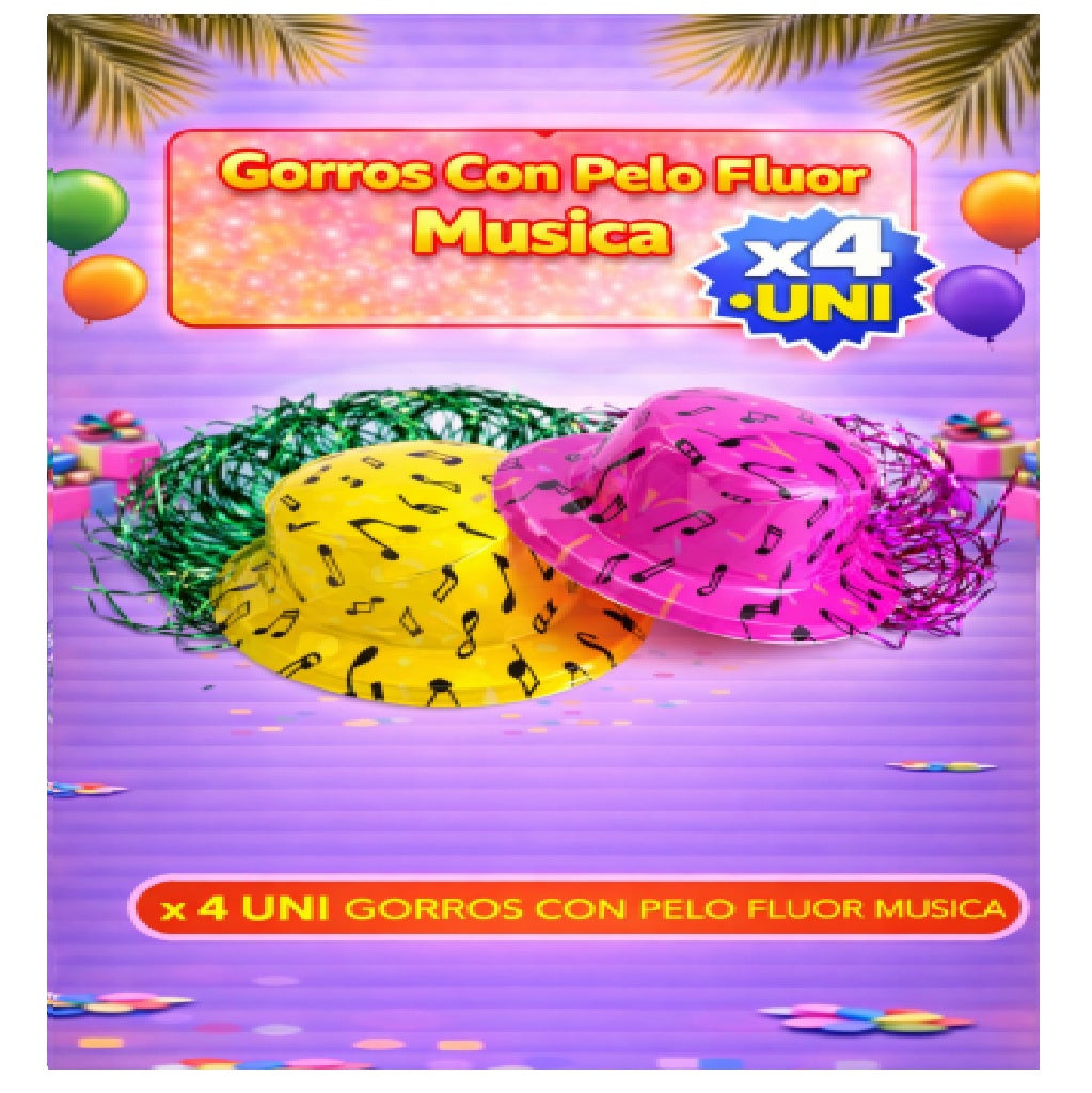 Gorros con Pelo x4 - Sombreros de Fiesta Divertidos