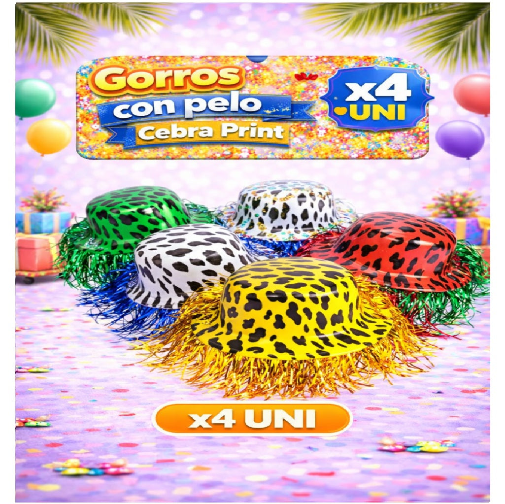 Gorros Animal Print x4 - Sombreros de Fiesta Estampados