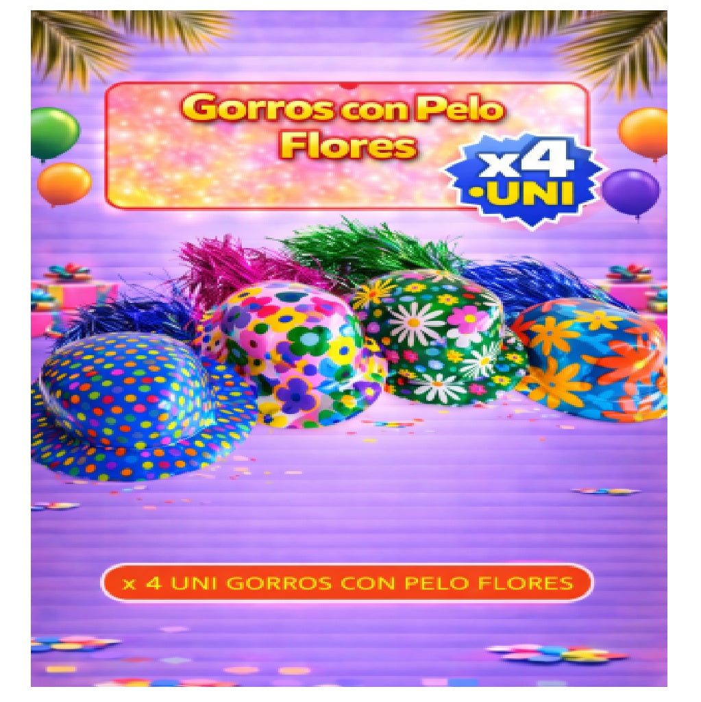 Gorros con Pelo x4 - Sombreros de Fiesta Divertidos