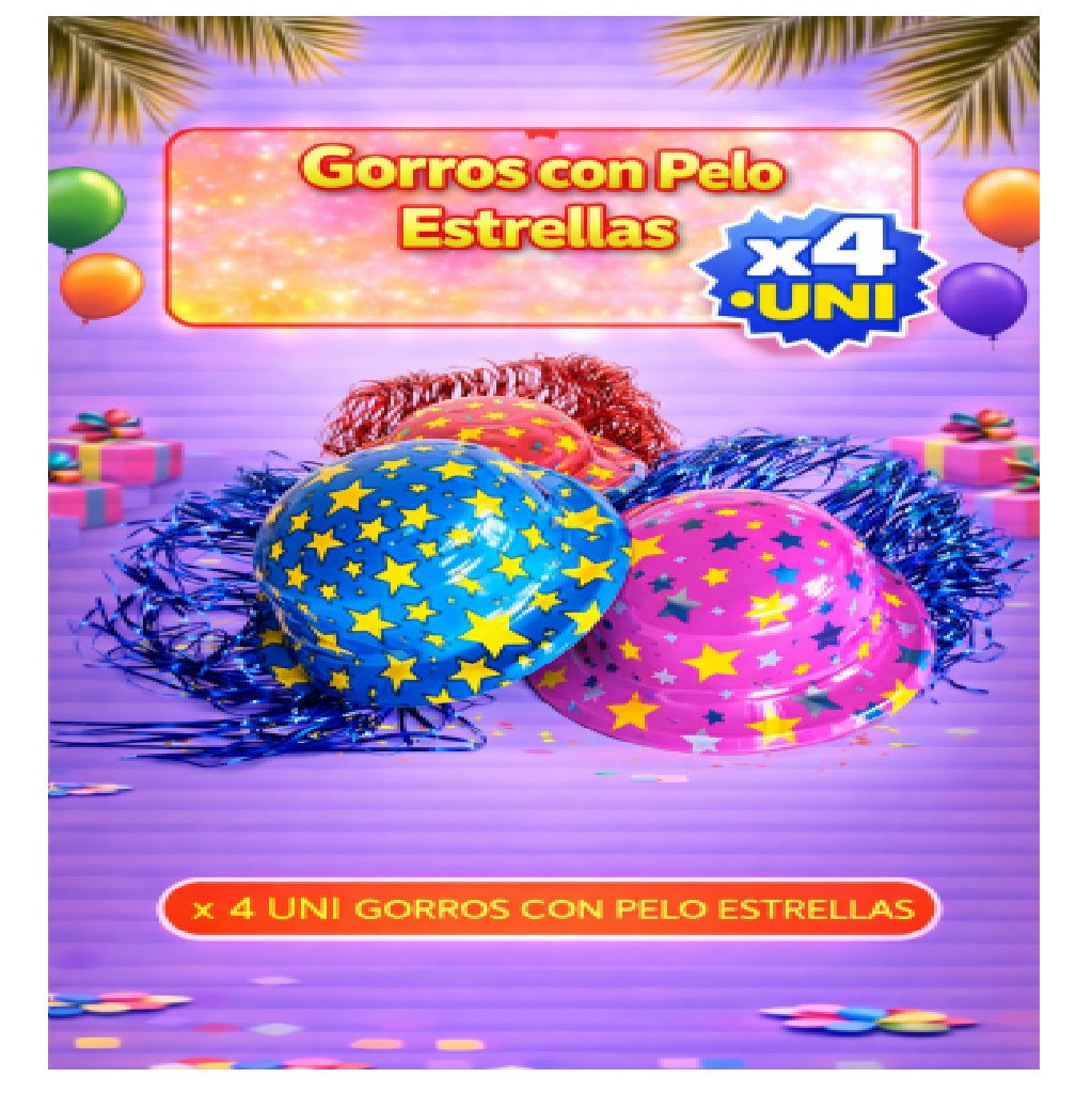 Gorros con Pelo x4 - Sombreros de Fiesta Divertidos