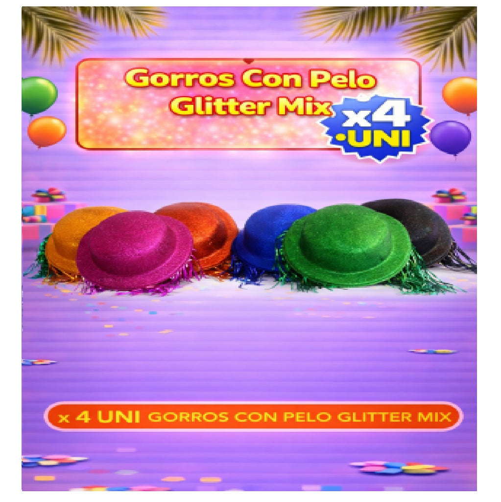 Gorros con Pelo x4 - Sombreros de Fiesta Divertidos