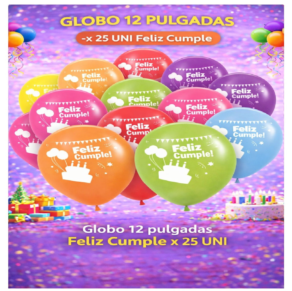 Globos 12" Colores Sólidos Impresos x 25 Und - Decoración Cumpleaños y Fiesta