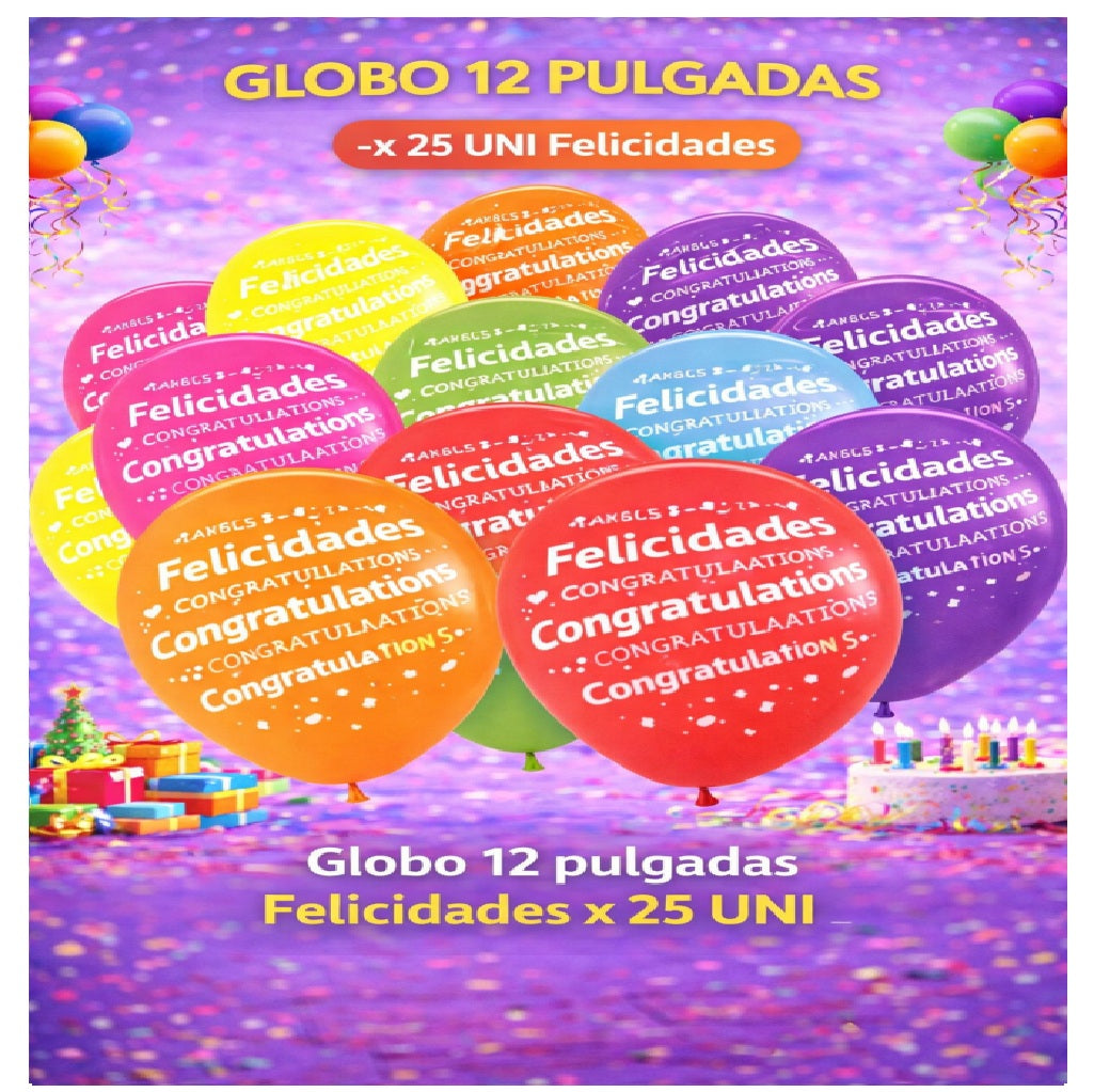 Globos 12" Colores Sólidos Impresos x 25 Und - Decoración Cumpleaños y Fiesta