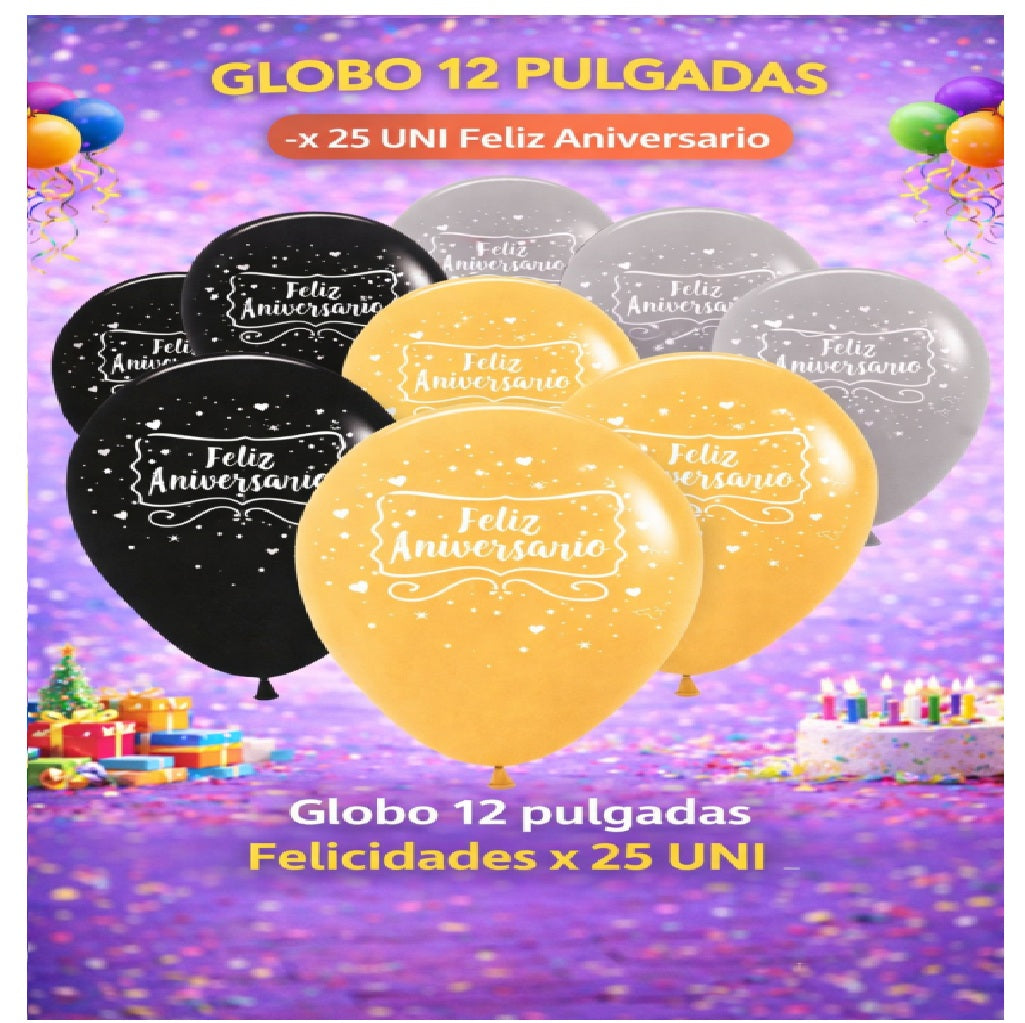 Globos 12" Colores Sólidos Impresos x 25 Und - Decoración Cumpleaños y Fiesta