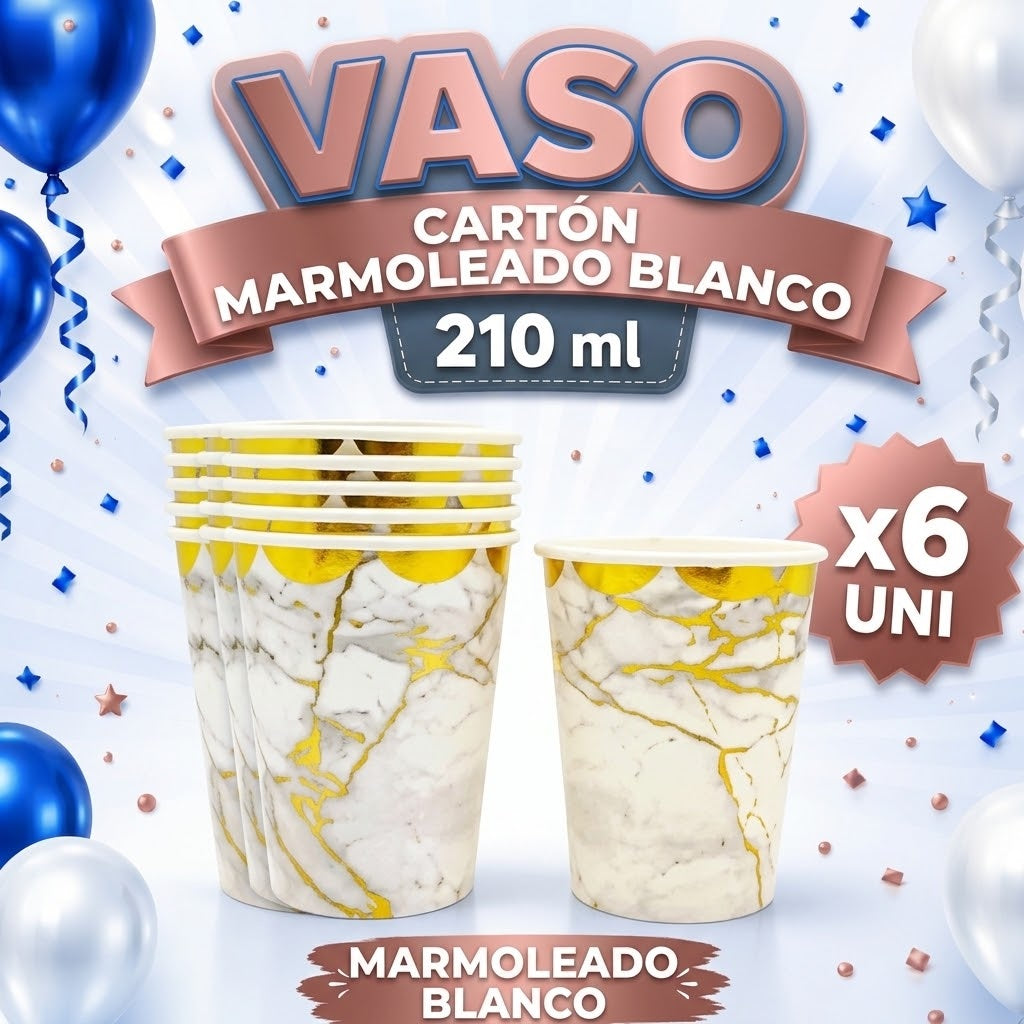 Vaso Carton x 6 Colores MARMOLEADOS 210 ml – Vasos Desechables para Fiesta