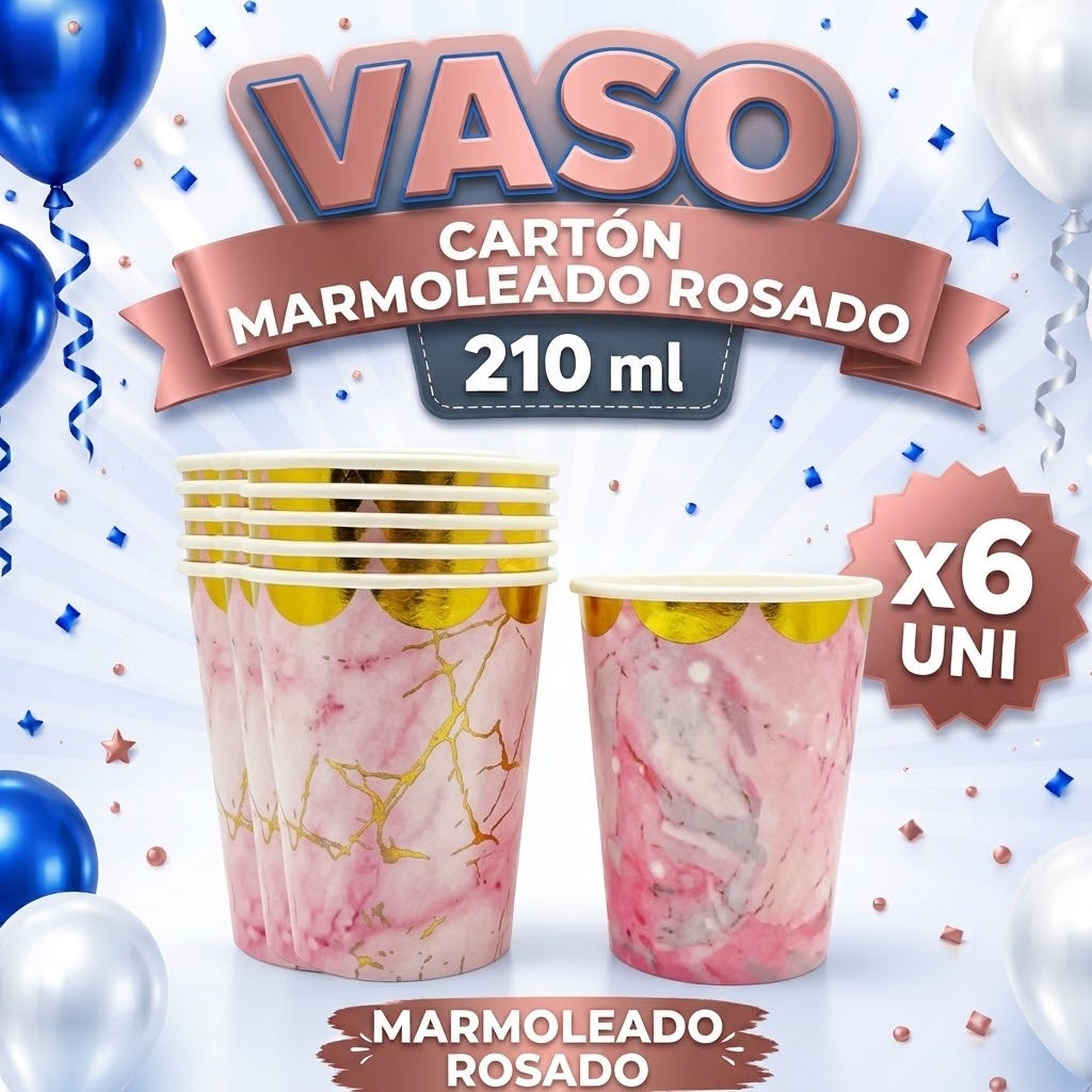 Vaso Carton x 6 Colores MARMOLEADOS 210 ml – Vasos Desechables para Fiesta